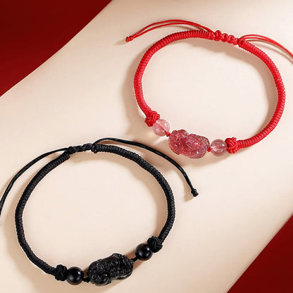 Mythstone Handmade Natural Silver Sheen Obsidian Strawberry Quartz PiXiu Protection Braided Bracelet