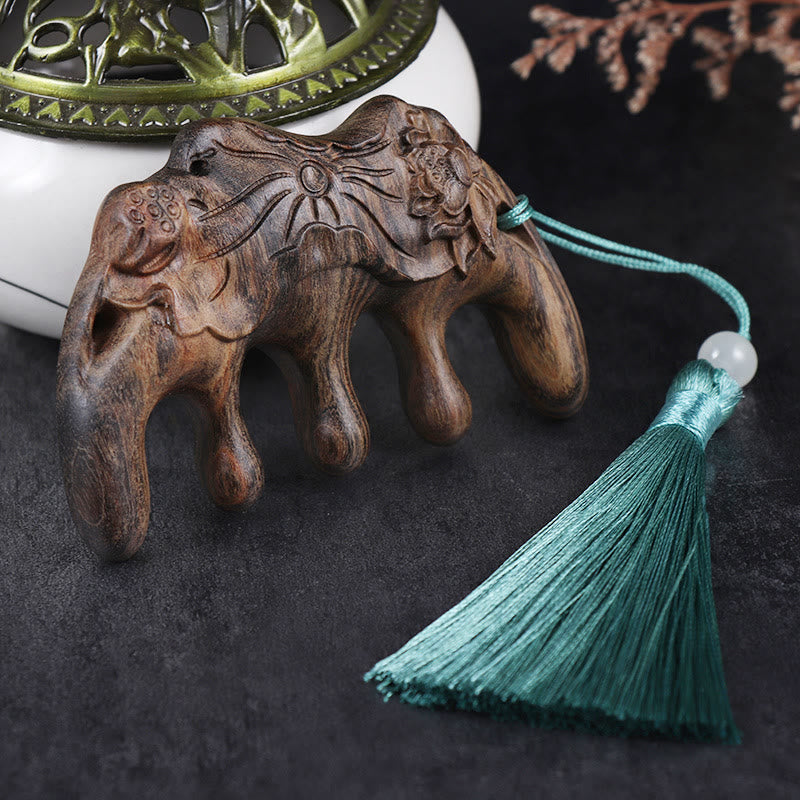 Mythstone Green Sandalwood Plum Blossom Flowers Lotus Koi Fish Engraved Soothing Tassel Comb