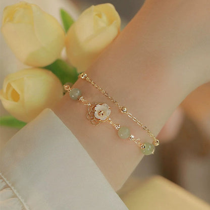 MythStone 14K Gold Plated Jade Butterfly Tridacna Stone Flower Double Layer Luck Bracelet