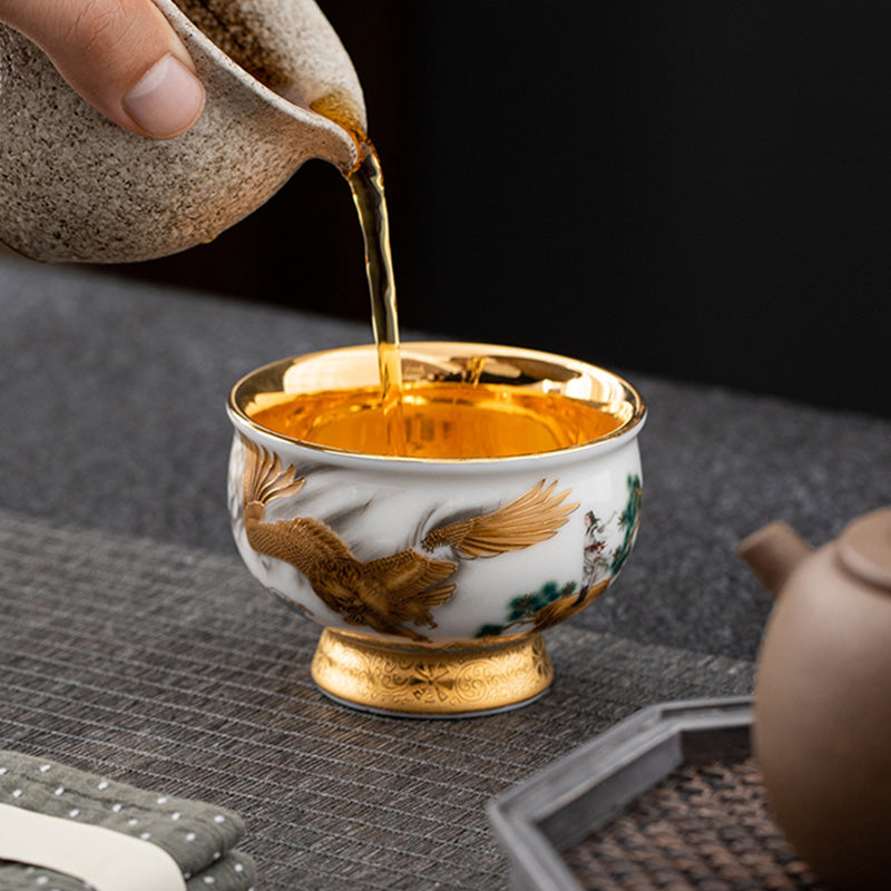 Mythstone Golden Eagle Auspicious Dragon Sun Ocean Waves Gilt Ceramic Teacup Kung Fu Tea Cup