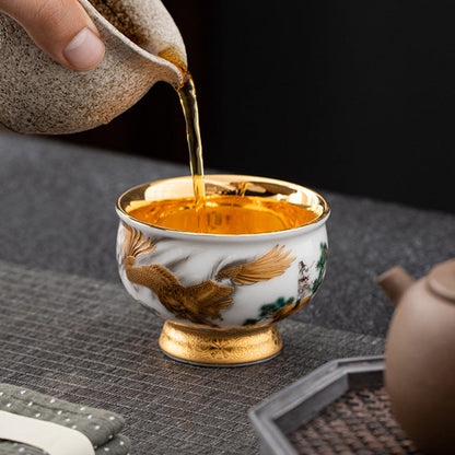 Mythstone Golden Eagle Auspicious Dragon Sun Ocean Waves Gilt Ceramic Teacup Kung Fu Tea Cup