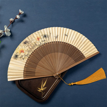 Mythstone Lotus Dragonfly Wild Geese Plum Blossom Handheld Silk Bamboo Folding Fan 22.5cm