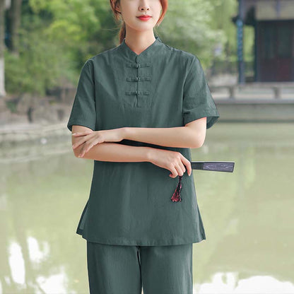 Mythstone 2Pcs Women's Short Sleeve Shirt Top T-Shirt Pants Meditation Zen Tai Chi Cotton Linen Clothing Set