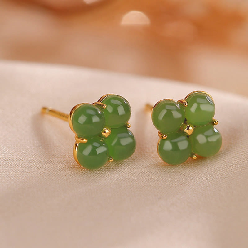 Mythstone 925 Sterling Silver Plated Gold Natural Cyan Jade Four Leaf Clover Luck Stud Earrings