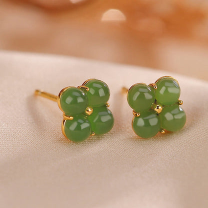 Mythstone 925 Sterling Silver Plated Gold Natural Cyan Jade Four Leaf Clover Luck Stud Earrings