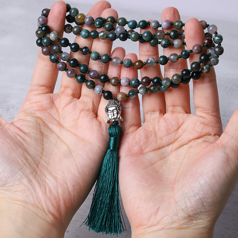 Mythstone 108 Mala Beads Indian Agate Buddha Head Cleansing Bracelet