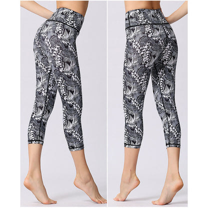 Mythstone Leaves Butterfly Print Sports Yoga Cropped Leggings Women's Yoga Capri Pants