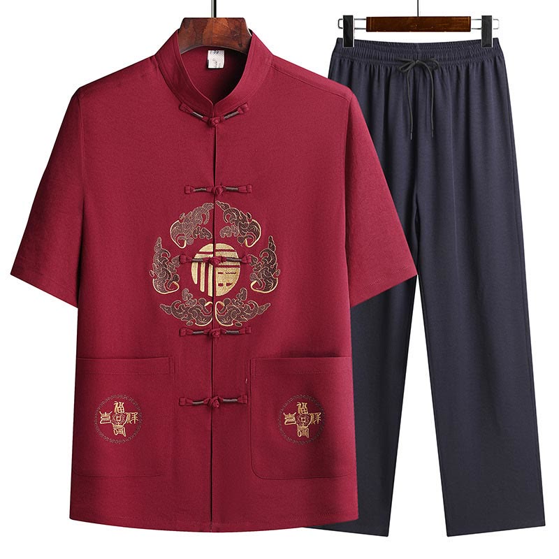 Mythstone Fu Character Tang Suit Hanfu Traditional Uniform Short Sleeve Top Pants Clothing Men's Set