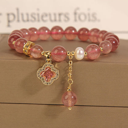 Mythstone Strawberry Quartz Pearl Four Leaf Clover Charm Healing Bracelet