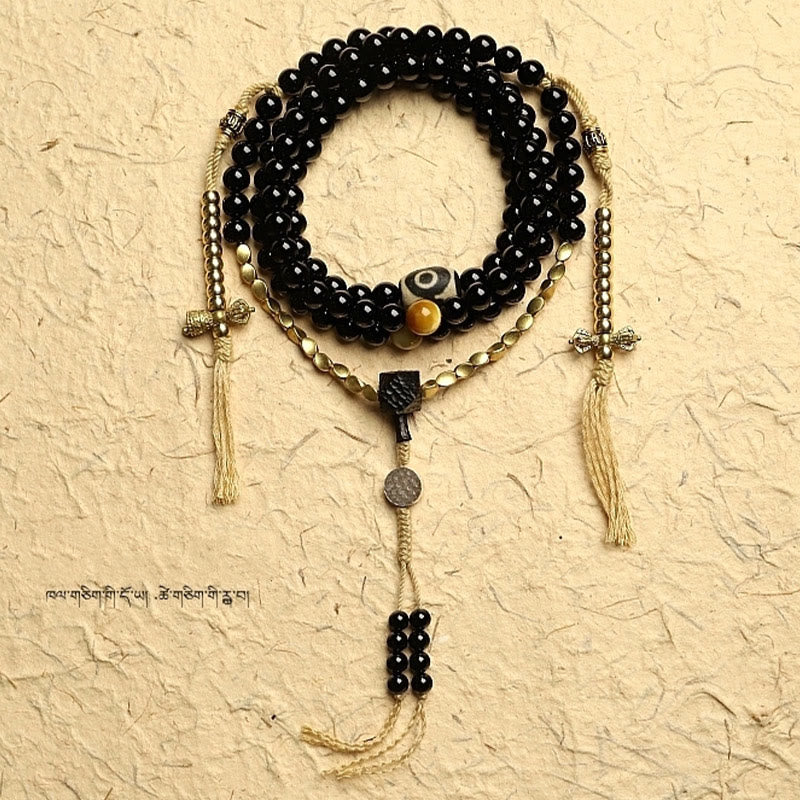 Mythstone Tibetan 108 Mala Beads Black Onyx Three-eyed Dzi Beads Protection Bracelet