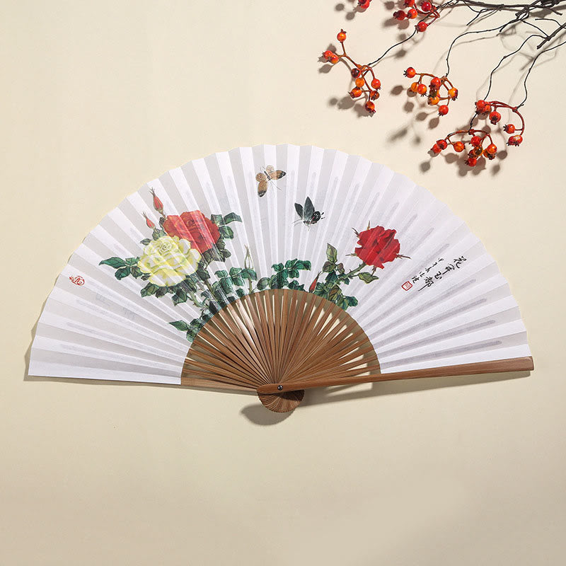 Mythstone Pine Tree Garden Peony Handheld Paper Bamboo Folding Fan 26cm