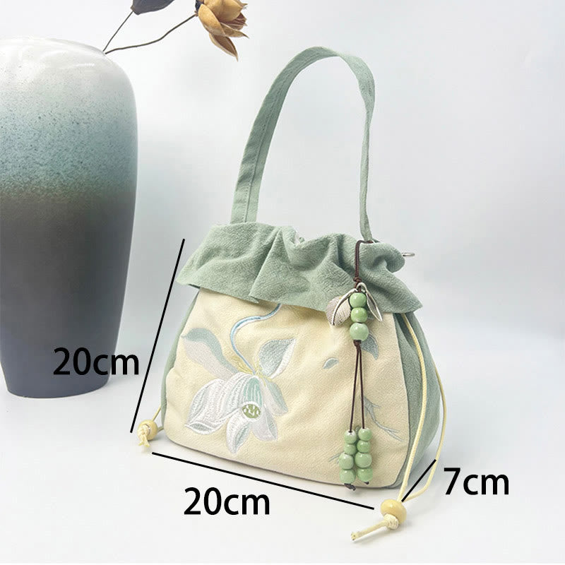 Bolso bandolera de lino y algodón con bordado de loto y magnolia de Mythstone Suzhou