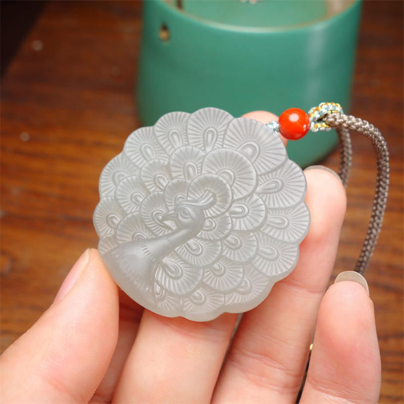 Mythstone White Jade Peacock Protection Blessing Necklace Pendant