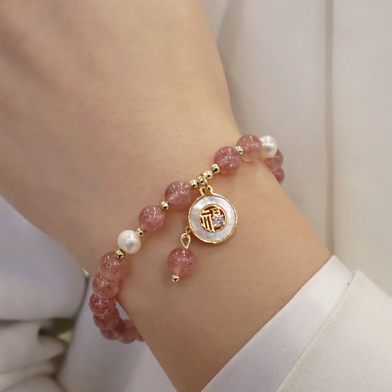 Mythstone Strawberry Quartz Pearl Elk Smiley Face Fishtail Fu Character Charm Healing Bracelet