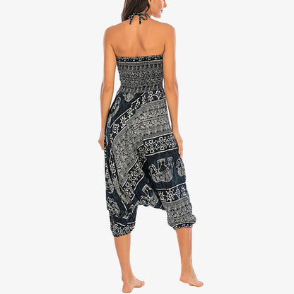 Mythstone Two Style Wear Elephant Pattern Loose Smocked Harem Trousers Jumpsuit Women's Yoga Pants