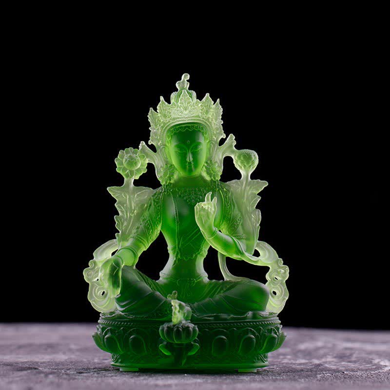 Mythstone Bodhisattva Green Tara Handmade Liuli Crystal Art Piece Protection Home Office Statue Decoration