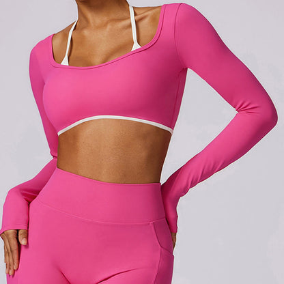 Mythstone Solid Color Halter Neck Bra Long Sleeve Crop Tank Top Pants Sports Fitness Gym Yoga Outfits