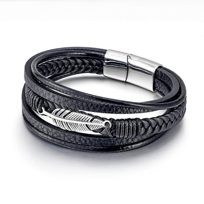 Mythstone Feather Pattern Multilayer Leather Titanium Steel Calm Braided Magnetic Buckle Bracelet