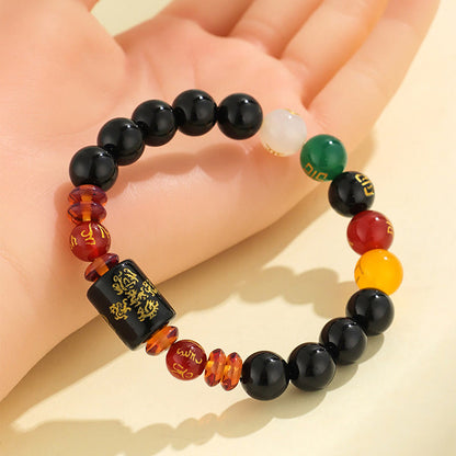 Pulsera de la sabiduría y la riqueza con ágata roja y ónix negro de cinco elementos Mythstone