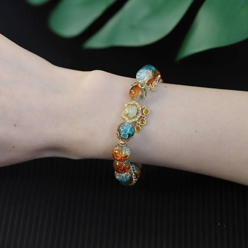 Mythstone Colorful Liuli Glass Bead Chinese Lock Charm Fortune Bracelet