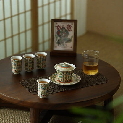 Taza de té de kung fu Gaiwan con tapa y diseño de apsaras voladoras de mil budas de Mythstone Dunhuang