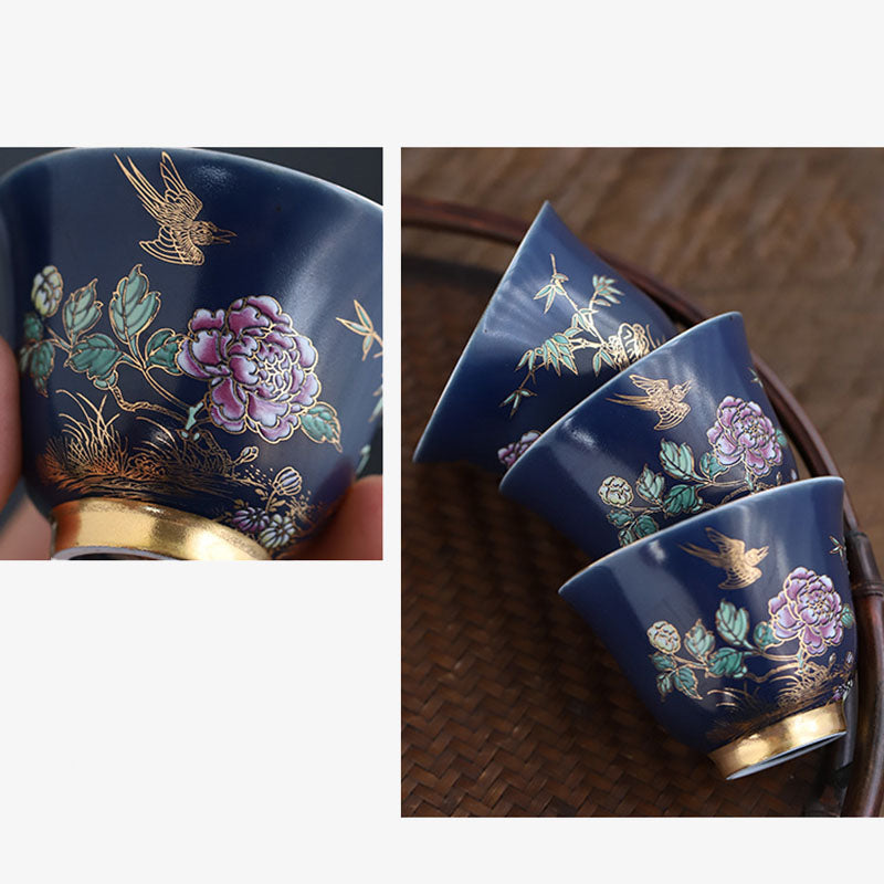 Mythstone Golden Magpie Peony Flower Ceramic Teacup Kung Fu Tea Cup