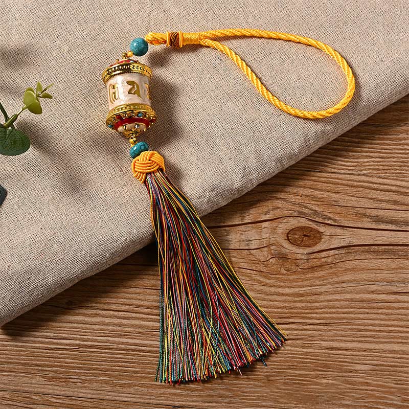 Mythstone Tibet Om Mani Padme Hum Prayer Wheel Colorful Tassels Bag Car Hanging Decoration