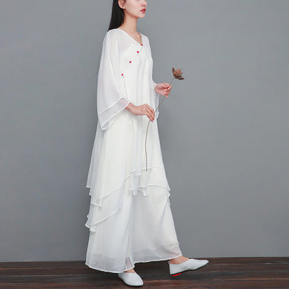 Mythstone 3Pcs V-Neck Three Quarter Sleeve Irregular Tank Shirt Wide Leg Pants Chiffon Women's Set