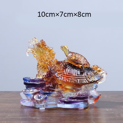 Mythstone Feng Shui Dragon Turtle Coins Handmade Liuli Crystal Luck Art Piece Home Office Decoration