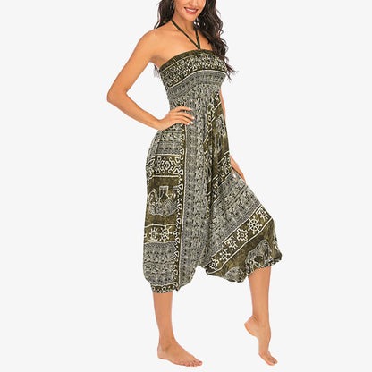 Mythstone Two Style Wear Elephant Pattern Loose Smocked Harem Trousers Jumpsuit Women's Yoga Pants