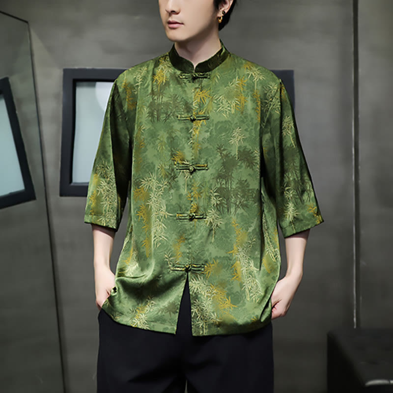 Mythstone Bamboo Leaves Pattern Chinese Half Sleeve Shirt Men T-shirt