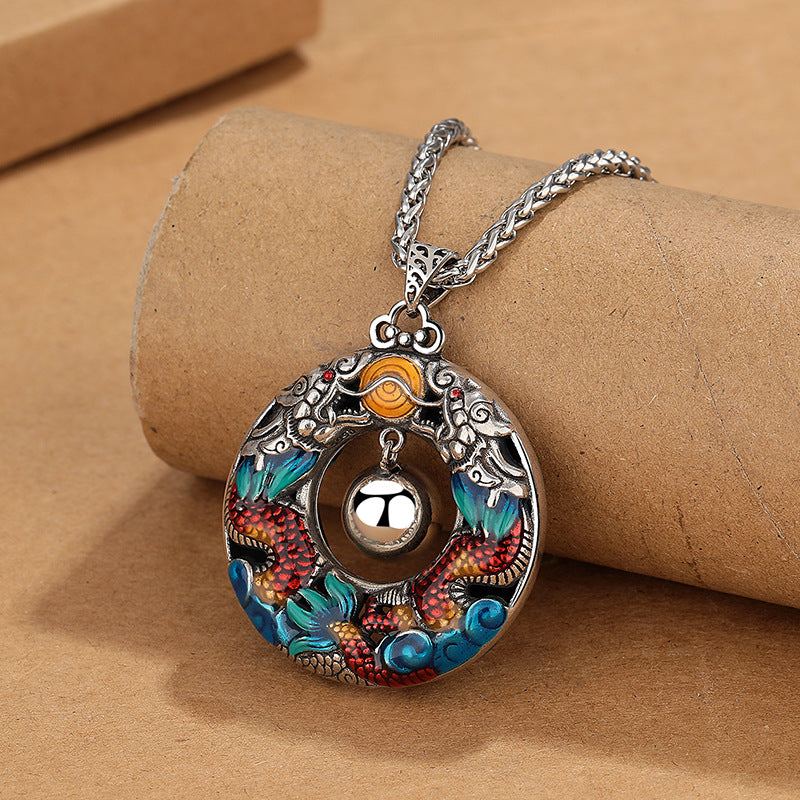 Mythstone Year of the Dragon Colorful Double Dragons Playing Bead Copper Protection Necklace Pendant