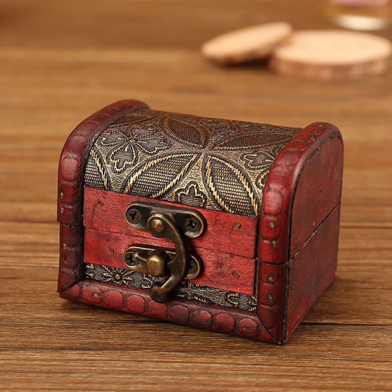 Mythstone Retro Small Wood Jewelry Box Lotus Golden Grape Copper Coin Daffodil Grass Flower Jewelry Storage Box