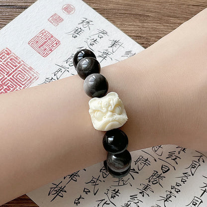 Pulsera de protección con león danzante y semilla de bodhi de obsidiana plateada y brillo de piedra mitológica