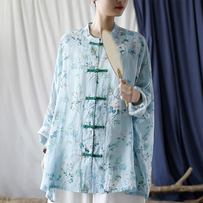 Mythstone Light Green Pink Flowers Green Leaves Frog-Button Long Sleeve Ramie Linen Jacket Shirt