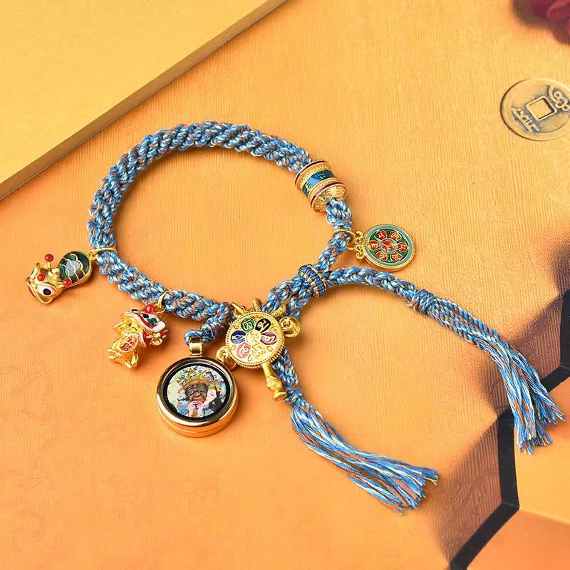 Mythstone Tibetan Zakiram Goddess of Wealth Thangka Luck Prayer Wheel Braid String Bracelet