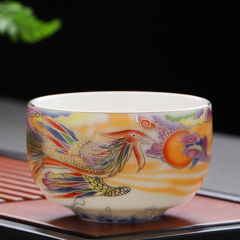 Mythstone Dragon Phoenix Auspicious Clouds Sun Ocean Waves Ceramic Teacup Kung Fu Tea Cup