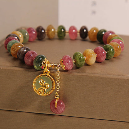 Mythstone Natural Colorful Tourmaline Cute Rabbit Charm Positive Bracelet