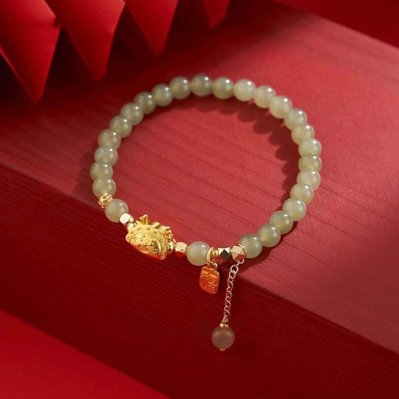 Mythstone Year of the Dragon Dumpling Natural Red Agate Garnet Hetian Jade Fu Character Luck Success Bracelet