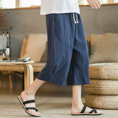 Mythstone Solid Color Mid-Length Wide Leg Pants Cotton Men's Wide Leg Pants With Pockets