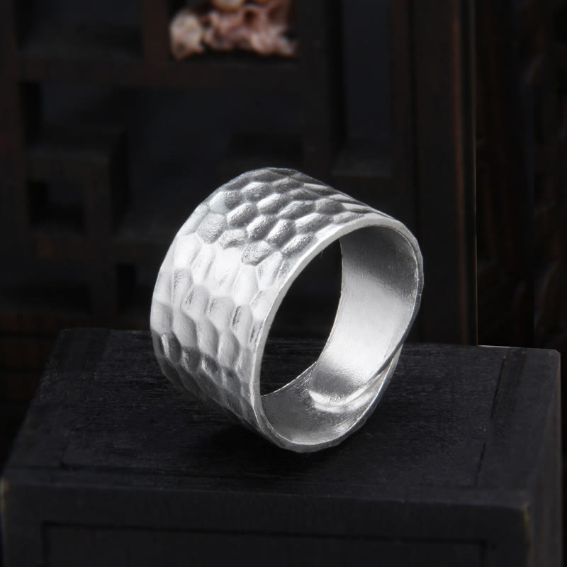 Mythstone Tibetan 990 Sterling Silver Handmade Rustic Hammered Pattern Ring