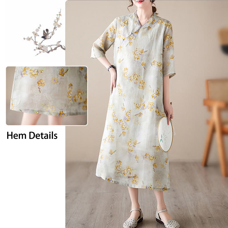 Mythstone Yellow Flowers Print Cheongsam Midi Dress Cotton Linen Half Sleeve Dress With Pockets