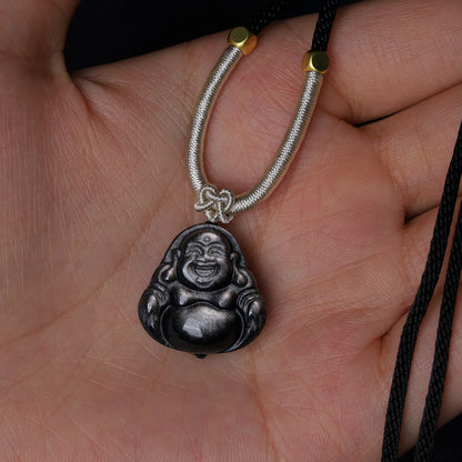 Mythstone Natural Silver Sheen Obsidian Laughing Buddha Protection Necklace Pendant