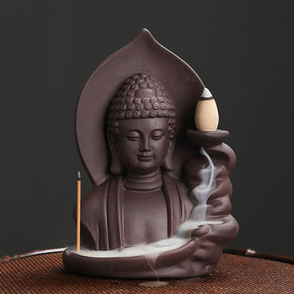 Mythstone Tibetan Avalokitesvara Buddha Lotus Healing Backflow Smoke Fountain Incense Burner