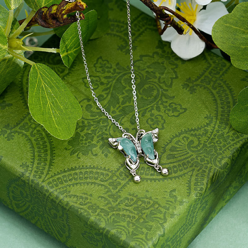 Mythstone 925 Sterling Silver Green Jade Butterfly Luck Necklace Pendant