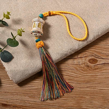 Mythstone Tibet Om Mani Padme Hum Prayer Wheel Colorful Tassels Bag Car Hanging Decoration