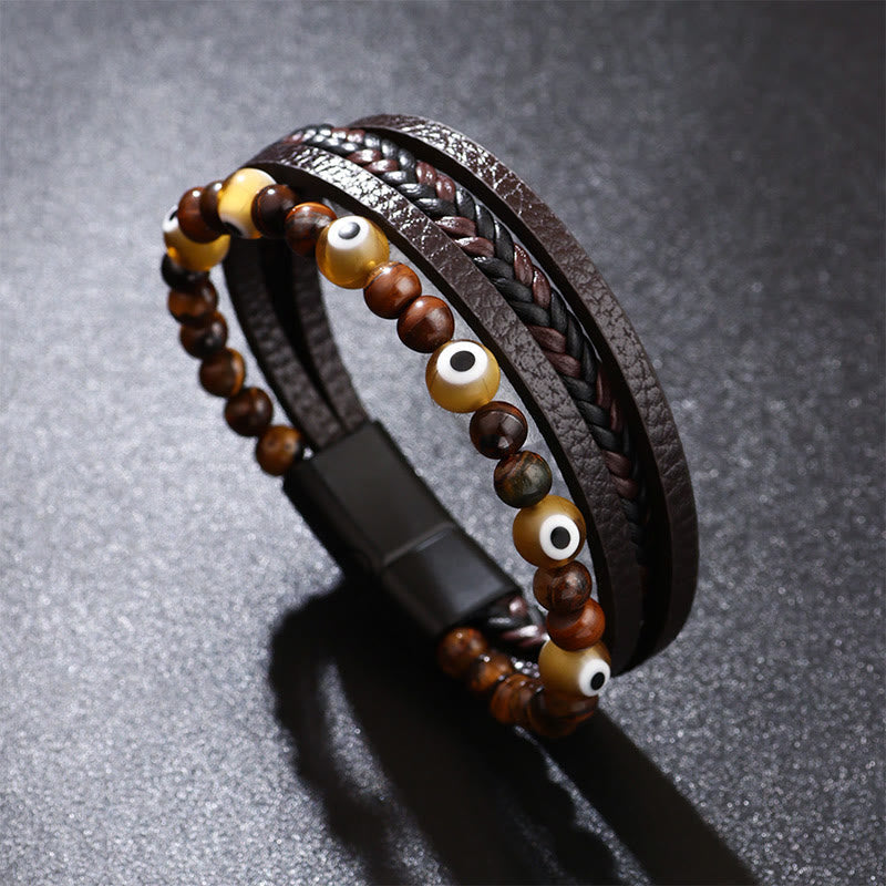 Mythstone Evil Eye Tiger Eye Protection Beaded Multilayered Braided Bracelet