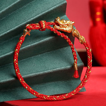 Pulsera trenzada de hilo rojo con nudo de ocho hilos y dragón de la suerte hecha a mano en plata de ley 999 de Mythstone