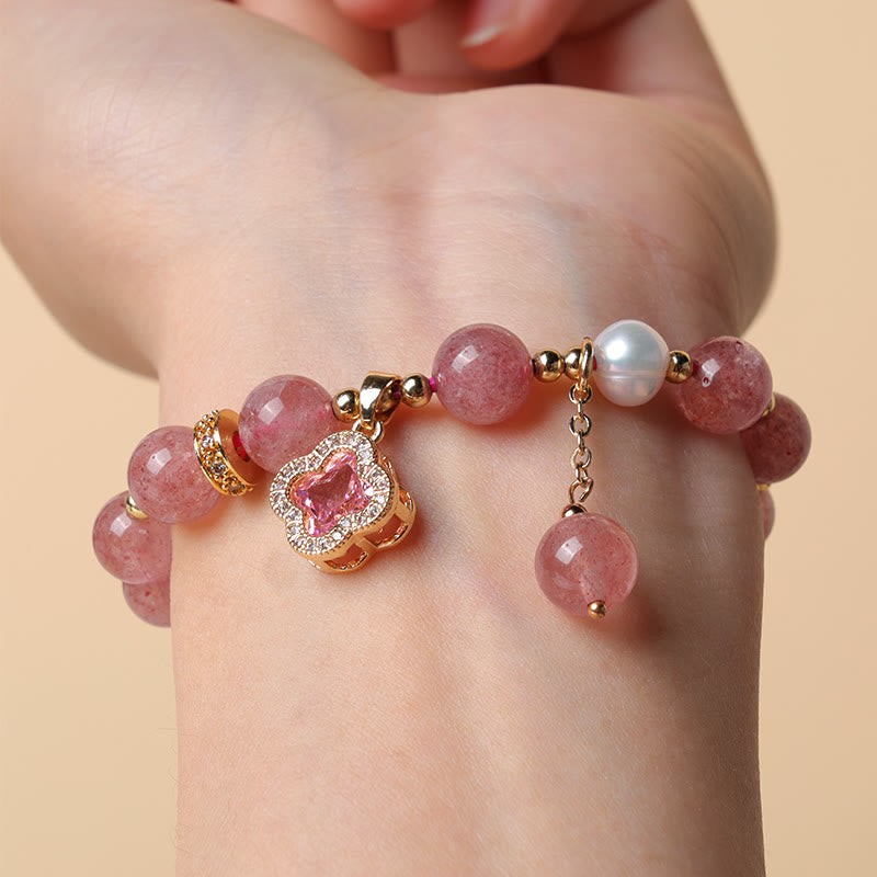 Mythstone Strawberry Quartz Pearl Four Leaf Clover Charm Healing Bracelet