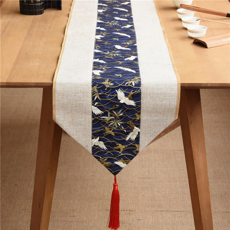 Mythstone Classic Chinese Style Lotus Koi Fish Flower Crane Calligraphy Enlightenment Cotton Linen Tassels Table Runner